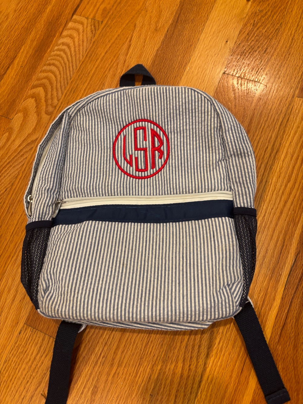 LSR LRS Toddler Boy Monogrammed Blue and White Seersucker Backpack Red